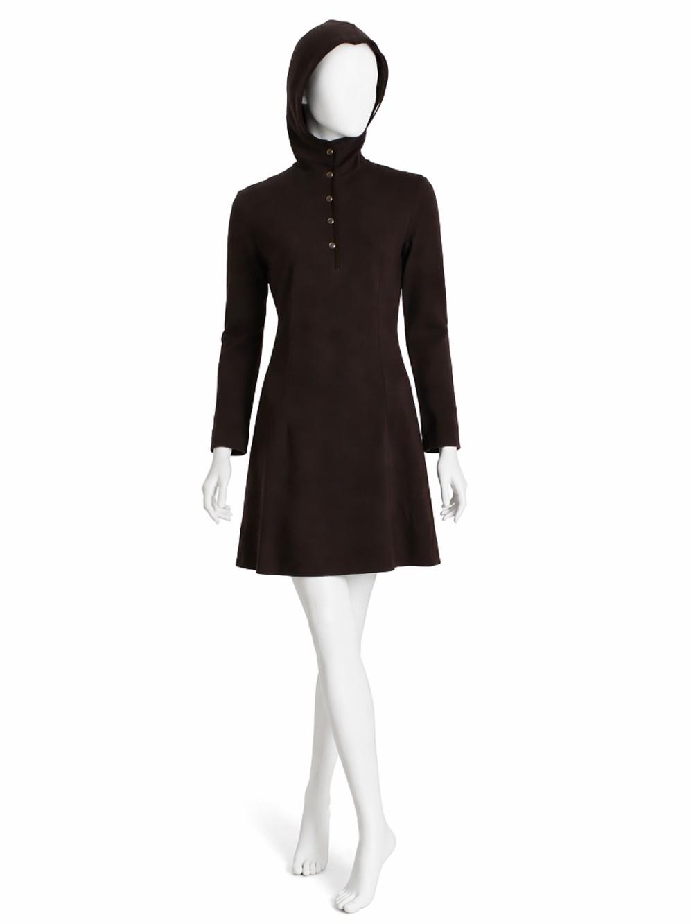 Bonnie Cashin for Sills Madonna Hood Mini Dress Brown Knit Suede Trim 60s Rare